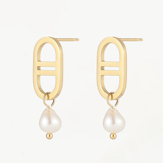 ESTELA - Edelstahlohrringe mit Theta und Perlen-Anhänger